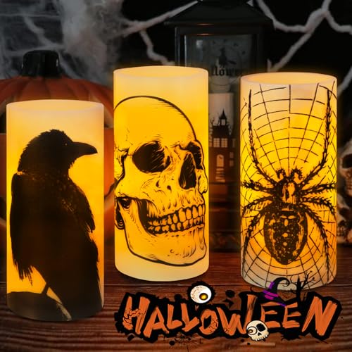 Frasheng Halloween LED Kerzen, Halloween Flammenlose Stumpenkerzen 3er Set, mit Totenkopf, Krähe, Spinne-Muster für Horror Gruselige Halloween Heimdekoration Geschenk, Gelbes Licht Blinkt (15cm) von Frasheng