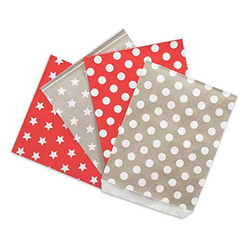 Frau WunderVoll® 100 PAPIERTÜTEN IM Set, 4x25 Stück: rot Sterne, Taupe Sterne, rot Punkte, Taupe Punkte 13x16,5cm, 45Gramm Papier, flach/Hochzeit, Papiertütchen, Mitgebseltüten von Frau WunderVoll