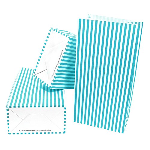 Frau WUNDERVoll® 12 PAPIERTÜTEN MIT BODEN BEACHBLAU, STREIFEN 12x7x24cm / Blockbodenbeutel, Tüte, Papierbeutel, Papiertüte, Geschenktüte, Geschenkbeutel, Gastgeschenk,Hochzeit,Mitgebseltüte,Falttasche von Frau WunderVoll