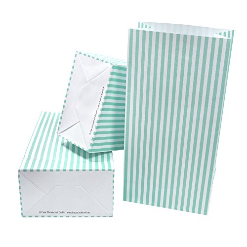 Frau WUNDERVoll® 12 PAPIERTÜTEN MIT BODEN TÜRKIS, STREIFEN 12x7x24cm / Blockbodenbeutel, Tüte, Papierbeutel, Papiertüte, Geschenktüte, Geschenkbeutel, Gastgeschenk, Hochzeit, Mitgebseltüte, Falttasche von Frau WunderVoll