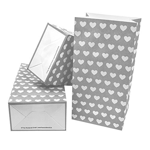 Frau WunderVoll® 12 PAPIERTÜTEN MIT Boden GRAU, Herzen 12x7x24cm / Blockbodenbeutel, Tüte, Papierbeutel, Papiertüte, Geschenktüte, Geschenkbeutel, Gastgeschenk, Hochzeit, Mitgebseltüte, Falttasche von Frau WunderVoll