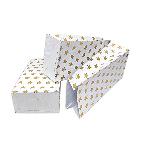 Frau WUNDERVoll® 12 Papiertüten mit Boden,weiß, Gold Sterne, 12x7x24cm/Blockbodenbeutel,Tüte,Papierbeutel,Papiertüte, Geschenktüte, Geschenkbeutel,Gastgeschenk,Hochzeit,Mitgebseltüte,Falttasche von Frau WUNDERVoll