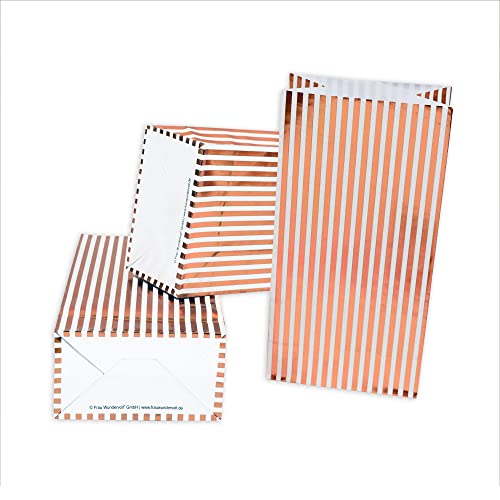 Frau WUNDERVoll® 12 Papiertüten mit Boden,weiß, Rosegold Streifen, 12x7x24cm/Blockbodenbeutel,Tüte,Papierbeutel,Papiertüte, Geschenktüte, Geschenkbeutel,Gastgeschenk,Hochzeit,Mitgebseltüte,Falttasche von Frau WUNDERVoll