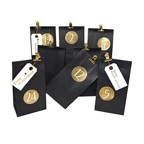 Frau WUNDERVoll® DIY Adventskalender zum Befüllen Weihnachtszeit, Blockbodenbeutel 12(L) x7(B) x24(H) cm matt schwarz, Ziffern Gold/Weihnachten, Papiertüten, Kinder, Aufkleber von Frau WUNDERVoll