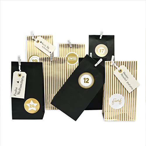 Frau WUNDERVoll® DIY Adventskalender zum Befüllen Weihnachtszeit, Blockbodenbeutel 12(L)x7(B)x24(H)cm matt schwarz, Streifen gold, Ziffern gold / Weihnachten, Papiertüten, Kinder, Aufkleber von Frau WUNDERVoll