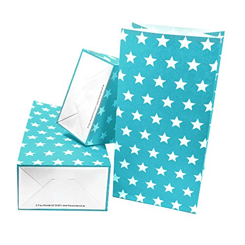 Frau WUNDERVoll® 60 PAPIERTÜTEN MIT BODEN BEACHBLAU, STERNE 12x7x24cm/ Blockbodenbeutel, Tüte, Papierbeutel, Papiertüte, Geschenktüte, Geschenkbeutel, Gastgeschenk, Hochzeit, Mitgebseltüte, Falttasche von Frau WunderVoll