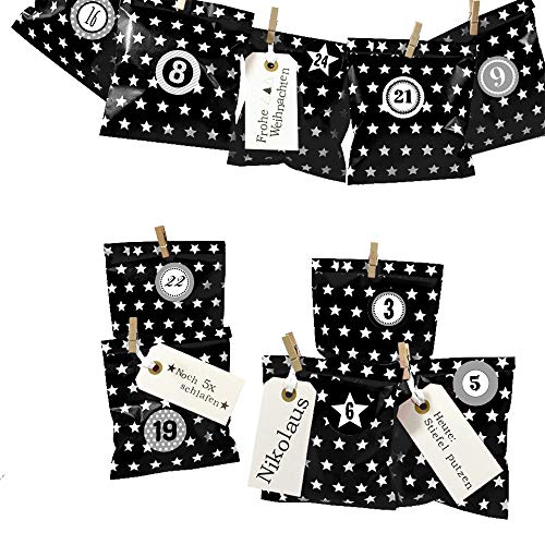 Frau WUNDERVoll® DIY ADVENTSKALENDER BESCHERUNG zum Befüllen, schwarz Stern, Ziffern grau, Papiertueten flach 13x16,5cm / Weihnachten, Papiertüten, Kinder, Zahlen, Geschenkbeutel, Aufkleber von Frau WunderVoll