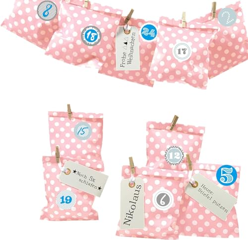 Frau WUNDERVoll® DIY Adventskalender zum Befüllen Bescherung, rosa - weiße Punkte Papiertüten 13x16,5cm, Ziffern blau grau/Weihnachten Aufkleber Advent Kalender Kinder Geschenkbeutel von Frau WunderVoll