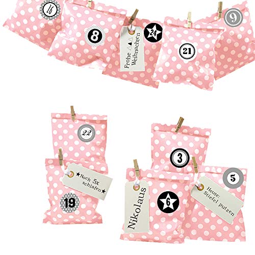 Frau WUNDERVoll® DIY Adventskalender zum Befüllen Bescherung, rosa - weiße Punkte Papiertüten 13x16,5cm, Ziffern grau/Weihnachten Aufkleber Advent Kalender Kinder Geschenkbeutel von Frau WunderVoll