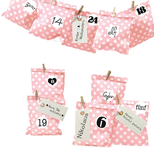 Frau WUNDERVoll® DIY Adventskalender zum Befüllen Bescherung: Set Punkt 143, Papiertueten flach 13x16,5cm, rosa Punkt, Ziffern schwarz-weiß von Frau WunderVoll