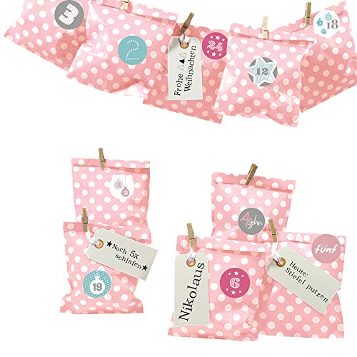 Frau WUNDERVoll® DIY Adventskalender zum Befüllen Bescherung: Set Punkt 147, Papiertueten flach 13x16,5cm, rosa Punkt, Ziffern Pastell von Frau WunderVoll