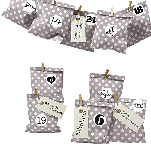 Frau WUNDERVoll® DIY Adventskalender zum Befüllen Bescherung: Set Punkt 155, Papiertueten flach 13x16,5cm, Taupe Punkt, Ziffern schwarz-weiß von Frau WunderVoll