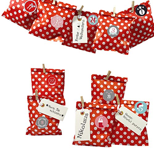 Frau WUNDERVoll® DIY Adventskalender zum Befüllen Bescherung: Set Punkt 168, Papiertueten flach 13x16,5cm, rot Punkt, Ziffern bunt von Frau WunderVoll