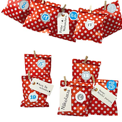 Frau WUNDERVoll® DIY Adventskalender zum Befüllen Bescherung: Set Punkt 172, Papiertueten flach 13x16,5cm, rot Punkt, Ziffern blau von Frau WunderVoll