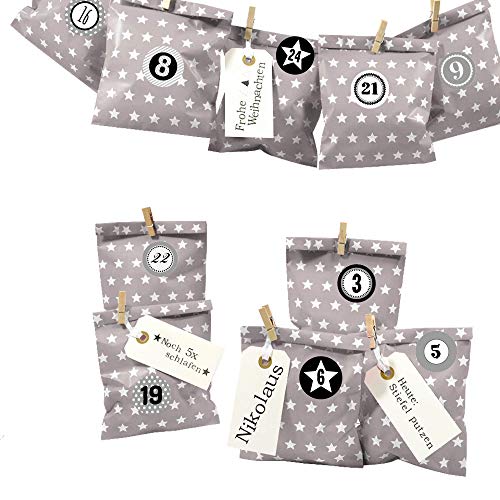 Frau WUNDERVoll® DIY Adventskalender zum Befüllen Bescherung: Set Stern 122, Papiertueten flach 13x16,5cm, Taupe Stern, Ziffern grau von Frau WunderVoll