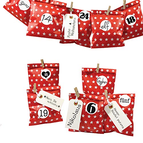 Frau WUNDERVoll® DIY Adventskalender zum Befüllen Bescherung: Set Stern 125, Papiertueten flach 13x16,5cm, rot Stern, Ziffern schwarz-weiß von Frau WunderVoll