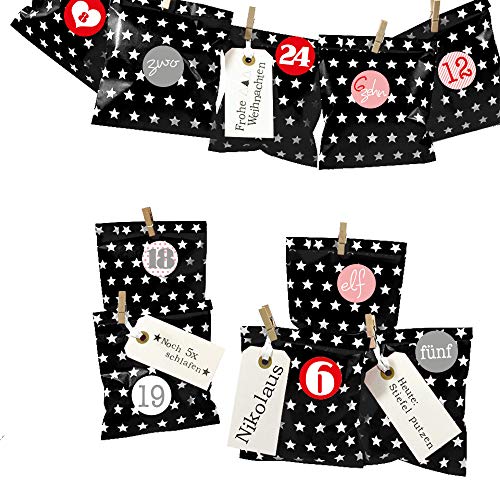 Frau WUNDERVoll® DIY Adventskalender zum Befüllen Bescherung: Set Stern 127, Papiertueten flach 13x16,5cm, schwarz Stern, Ziffern rosa-rot von Frau WunderVoll