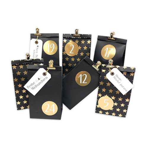 Frau WUNDERVoll® DIY Adventskalender zum Befüllen Weihnachtszeit, Blockbodenbeutel 12(L) x7(B) x24(H) cm matt schwarz und mit Sternen gold, Ziffern gold metallic/Weihnachten, Papiertüten, Kinder von Frau WunderVoll