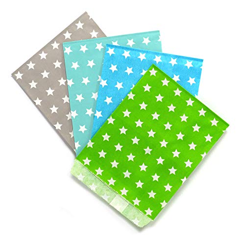 Frau WunderVoll® 100 PAPIERTÜTEN IM Set 20, 4x25 Stück: Taupe Sterne, türkis Sterne, beachblau Sterne, grün Sterne 13x16,5cm, 45Gramm Papier, flach/Hochzeit, Papiertütchen, Mitgebseltüten von Frau WunderVoll