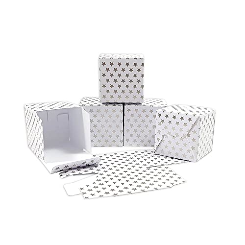 Frau WunderVoll® 12 Faltschachteln weiß, Silber Sterne 7x7x7 cm (gefaltet), 300 Gramm Papier/Würfelbox, Kissenverpackungen, Pillow Box, Faltverpackung, Geschenkverpackung, Gastgeschenk, Hochzeit von Frau WunderVoll