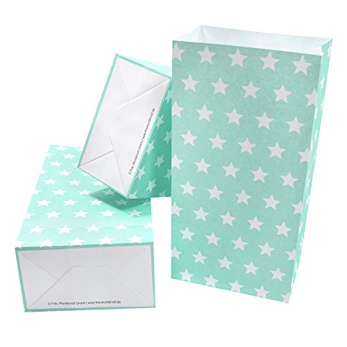 Frau WunderVoll® 12 PAPIERTÜTEN MIT Boden TÜRKIS, Sterne 12x7x24cm / Blockbodenbeutel, Tüte, Papierbeutel, Papiertüte, Geschenktüte, Geschenkbeutel, Gastgeschenk, Hochzeit, Mitgebseltüte, Falttasche von Frau WunderVoll