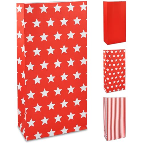 Frau WUNDERVoll® 60 PAPIERTÜTEN MIT BODEN ROT, STERNE 12x7x24cm / Blockbodenbeutel, Tüte, Papierbeutel, Papiertüte, Geschenktüte, Geschenkbeutel, Gastgeschenk, Hochzeit, Mitgebseltüte, Falttasche von Frau WunderVoll