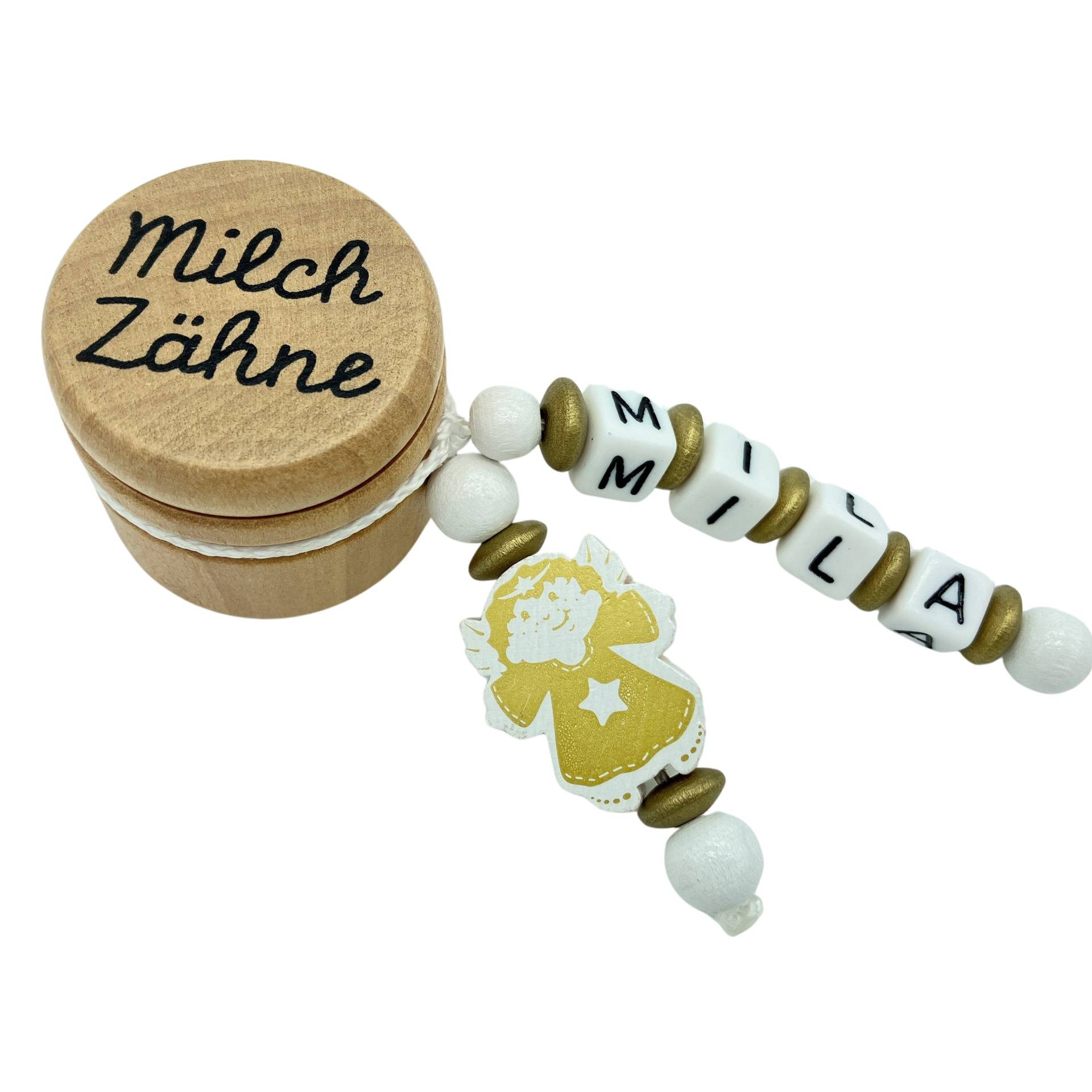 Personalisierte Zahndose Milchzahndose Mit Namen /Datum - Zahnfee Engel Gold- Aufbewahrung Milchzähne Holz Geschenk Geburtstag Mädchen Junge von FrauElse