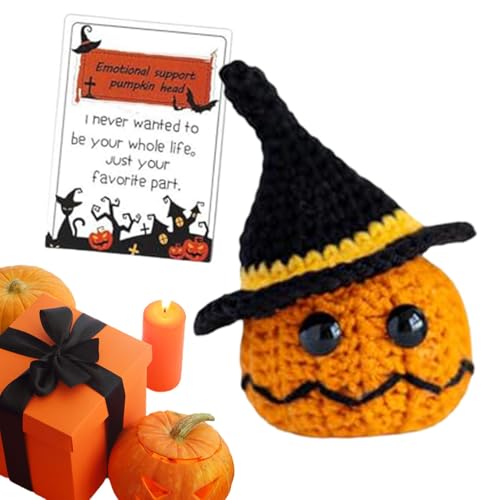 Fravsiu Positive Bestätigungspuppe, positive Strickpuppen niedlich - Halloween Kürbisköpfe Puppe | Lustige Häkelpuppe mit positiver Karte Dekoration von Fravsiu