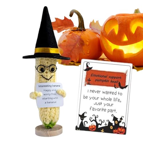 Fravsiu Positive Puppe Gestrickte Positive Bestätigung Puppe - Halloween Kürbisköpfe Puppe | Lustige Häkelpuppe mit positiver Karte Weiche Dekoration von Fravsiu