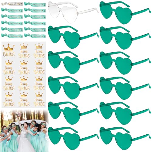 36 Stück JGA Brille Team Braut Armbänder: JGA Partybrillen Set, Bride to Be Herz Brille Set, 12Herz Sonnenbrille+12Bride Tattoo Aufkleber+12Bride Armband für Braut JGA Accessoires (dunkelgrün) von Frcnoco