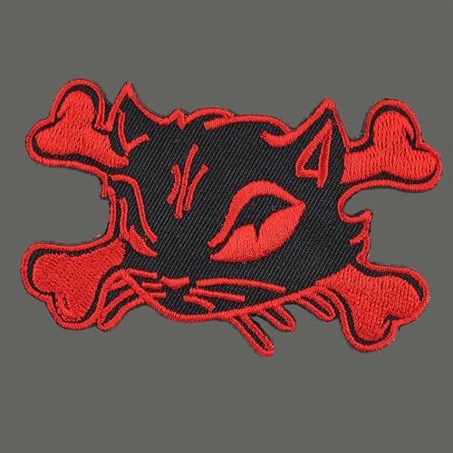 Aufnäher - Katzenkopf mit Knochen - schwarz-rot links - Patch von Freak Scene