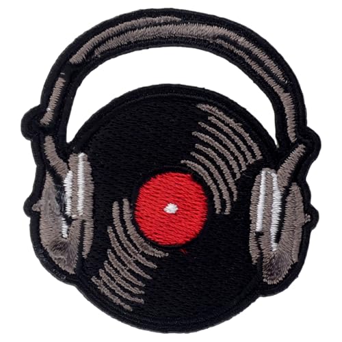 Aufnäher Schallplatte Kopfhörer schwarz rot Musik Vinyl Retro Patch von Freak Scene