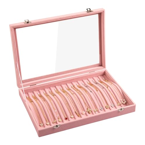 Frebeauty 15 Haken Halskette Tablett Samt Hals Organizer mit klarem Deckel abschließbare Halskette Halter Box Schmuck Organizer für Anhänger Ketten Halskette Jeweley Tablett für Frauen Mädch(Rosa) von Frebeauty