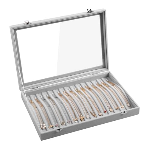 Frebeauty 15 Haken Halskette Tablett Samt Hals Organizer mit klarem Deckel abschließbare Halskette Halter Box Schmuck Organizer für Anhänger Ketten Halskette Jeweley Tablett für Frauen Mädch(Grau). von Frebeauty