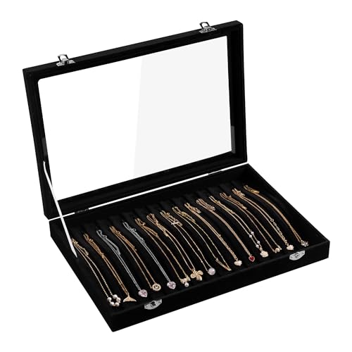 Frebeauty 15 Haken Halskette Tablett Samt Hals Organizer mit klarem Deckel abschließbare Halskette Halter Box Schmuck Organizer für Anhänger Ketten Halskette Jeweley Tablett für Frauen Mädch(schwarz). von Frebeauty