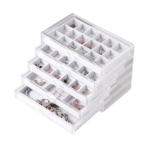 Frebeauty Acryl-Schmuck-Organizer, Ohrring-Organizer-Box mit 5 Schubladen, Ohrringhalter, Organizer mit Samtablagen, transparente Schmuckschatulle für Damen, Ohrring-Display für Ringe, Ohrstecker von Frebeauty