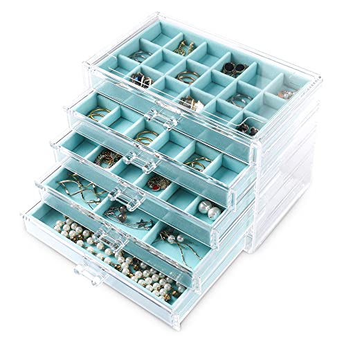 Frebeauty Acryl-Schmuck-Organizer, Ohrring-Organizer-Box mit 5 Schubladen, transparente Schmuckschatulle mit Samtablagen für Damen, stapelbarer Ohrring-Halter für Ringe, Nieten und Armbänder (Türkis) von Frebeauty