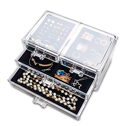 Frebeauty Acryl-Schmuckschatulle, 4 Schubladen, transparenter Schmuck-Organizer, Samt, Ringe, Halsketten, Ohrringe, Armbänder, Vitrine, Ständer, Halter für Damen und Mädchen (schwarz) von Frebeauty