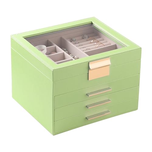 Frebeauty Clear Lid Schmuckschatulle, 4 Schichten Schmuck Organizer Große multifunktionale Schmuckaufbewahrungsbox mit 3 Schubladen Schmuckvitrine Ringe Frauen (Avocadogrün) von Frebeauty