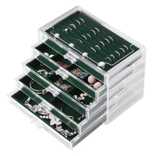 Frebeauty Extra große Acryl-Schmuckschatulle für Damen, 5 Ebenen, transparent, Schmuck-Organizer, Samt-Ohrring-Box mit 5 Schubladen, Ringen, Vitrine, Halskettenhalter für Damen und Mädchen von Frebeauty