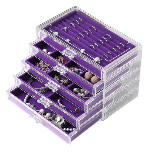 Frebeauty Extra große Acryl-Schmuckschatulle für Damen, 5 Ebenen, transparent, Schmuck-Organizer, Samt-Ohrring-Box mit 5 Schubladen, Ringen, Vitrine, Halskettenhalter für Frauen und Mädchen (lila) von Frebeauty