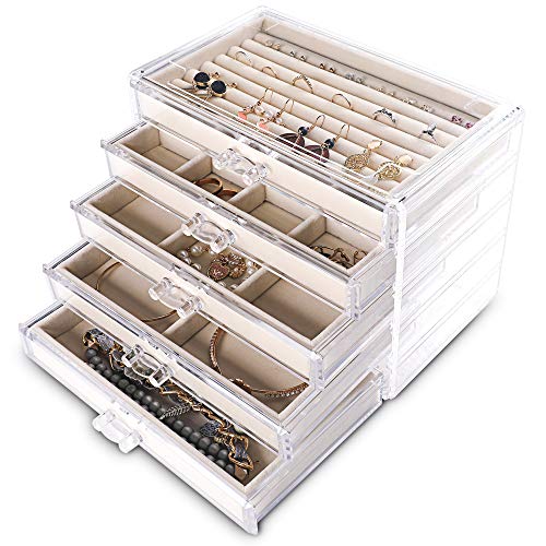 Frebeauty Extra große Acryl-Schmuckschatulle für Damen und Mädchen, 5 Ebenen, transparenter Samt, Ohrring-Organizer mit 5 Schubladen, Ringen, Vitrine, Halskettenhalter, Tablett (Beige) von Frebeauty