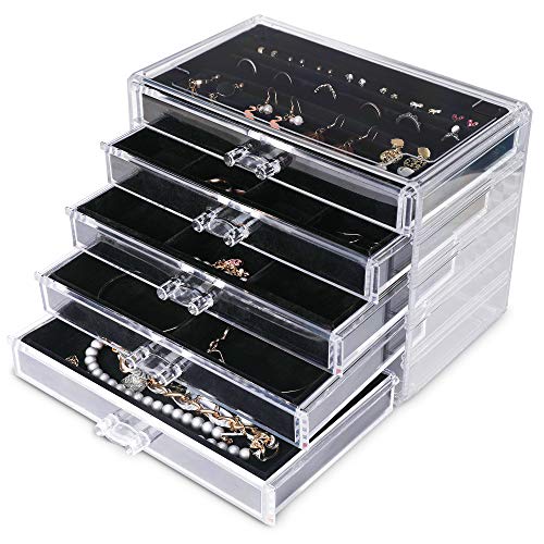 Frebeauty Extra große Acryl-Schmuckschatulle für Frauen, 5 Schichten, transparenter Schmuck-Organizer, Samt-Ohrring-Box mit 5 Schubladen, Ringe, Vitrine, Halskettenhalter (Schwarz von Frebeauty