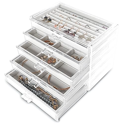 Frebeauty Extra große Acryl-Schmuckschatulle für Frauen, 5 Schichten, transparenter Schmuck-Organizer, Samt-Ohrring-Box mit 5 Schubladen, Ringe, Vitrine, Halskettenhalter (weiß) von Frebeauty