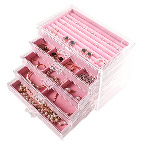 Frebeauty Extra große Acryl-Schmuckschatulle für Frauen, 5 Schichten, transparenter Schmuck-Organizer, Samt-Ohrring-Box mit 5 Schubladen, Ringen, Vitrine, Halskettenhalter(Rosa) von Frebeauty