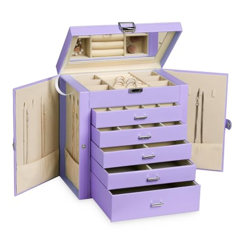 Frebeauty Große Schmuckschatulle, 6 Ebenen, PU-Leder, Schmuck-Organizer mit Schloss Aufbewahrungsbox mit Spiegel, Zubehörhalter mit 5 Schubladen für Ohrringe, Halsketten, Armbänder für Frauen(lila) von Frebeauty