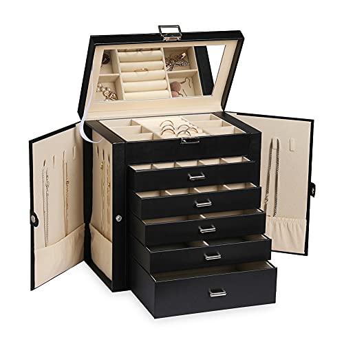 Frebeauty Große Schmuckschatulle, 6-stöckig, PU-Leder, Schmuck-Organizer, multifunktionale Aufbewahrungsbox mit Spiegel, Zubehörhalter mit 5 Schubladen für Halsketten, Armbänder, Uhren (schwarz) von Frebeauty