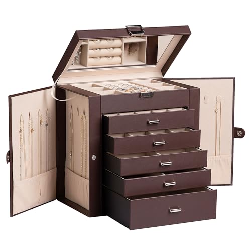 Frebeauty Große Schmuckschatulle, 6-stöckig, PU-Leder, Schmuck-Organizer, multifunktionale Aufbewahrungsbox mit Spiegel, Zubehörhalter mit 5 Schubladen für Halsketten, Armbänder, Uhren (dunkelbraun) Frebeauty Große Schmuckschatulle, 6-stöckig, PU-Leder, Schmuck-Organizer, multifunktionale Aufbewahrungsbox mit Spiegel, Zubehörhalter mit 5 Schubladen für Halsketten, Armbänder, Uhren (dunkelbraun) von Frebeauty