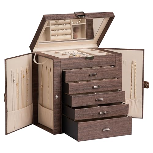 Frebeauty Große Schmuckschatulle, 6-stöckig, PU-Leder, Schmuck-Organizer, multifunktionale Aufbewahrungsbox mit Spiegel, Zubehörhalter mit 5 Schubladen für Halsketten, Armbänder, Uhren (Baumbraun) von Frebeauty