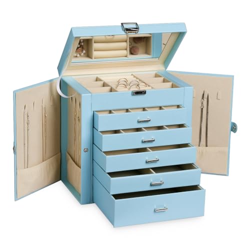 Frebeauty Große Schmuckschatulle, 6-stöckig, PU-Leder, Schmuck-Organizer, multifunktionale Aufbewahrungsbox mit Spiegel, Zubehörhalter mit 5 Schubladen für Halsketten, Armbänder, Uhren (Himmelblau) von Frebeauty